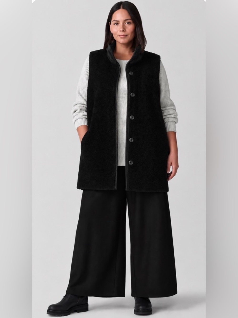 Eileen Fisher Alpaca & Boiled Wool Stand Collar Long Vest Black Size L NWT Cozy